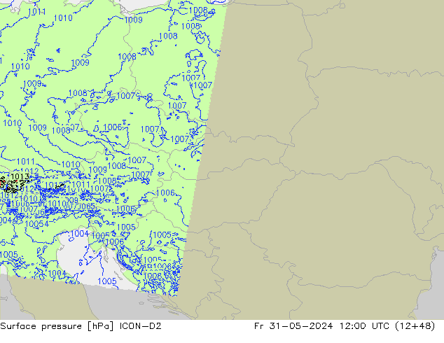 Presión superficial ICON-D2 vie 31.05.2024 12 UTC