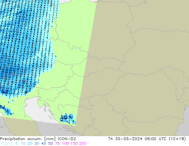 Precipitation accum. ICON-D2 Čt 30.05.2024 06 UTC