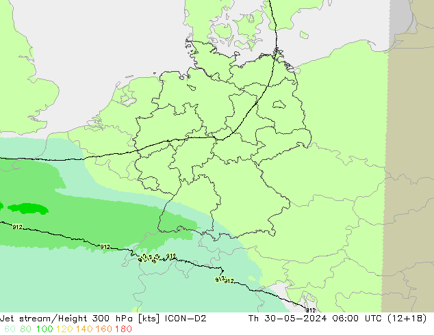 Jet stream/Height 300 hPa ICON-D2 Čt 30.05.2024 06 UTC