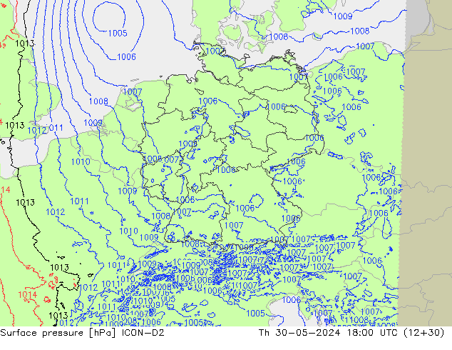 Surface pressure ICON-D2 Th 30.05.2024 18 UTC