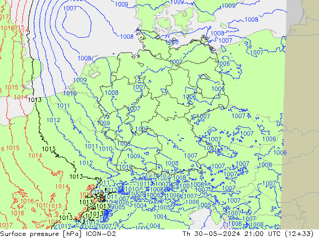 Pressione al suolo ICON-D2 gio 30.05.2024 21 UTC