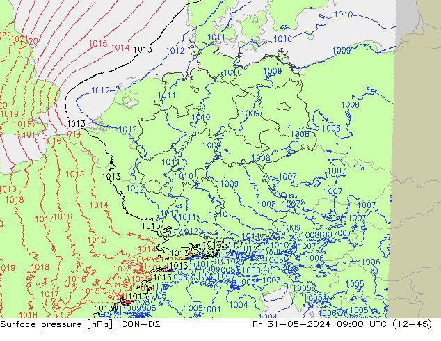 pressão do solo ICON-D2 Sex 31.05.2024 09 UTC