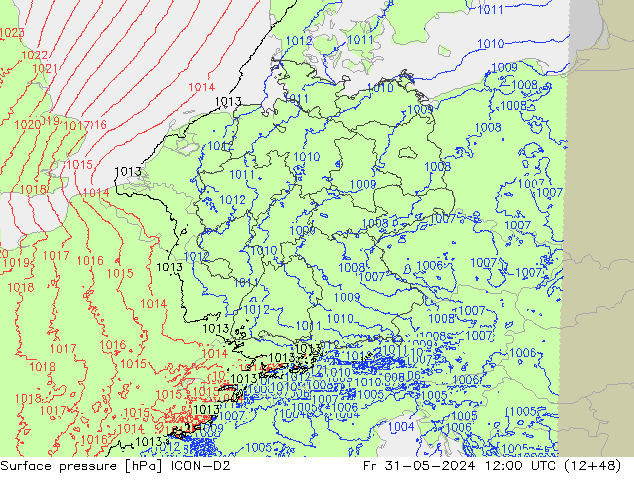 Luchtdruk (Grond) ICON-D2 vr 31.05.2024 12 UTC