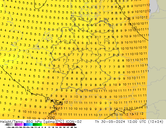 Height/Temp. 850 hPa ICON-D2 Th 30.05.2024 12 UTC