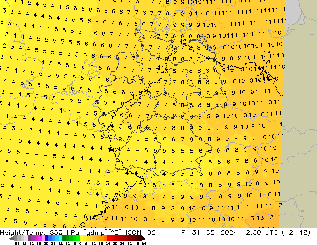 Height/Temp. 850 hPa ICON-D2 Fr 31.05.2024 12 UTC