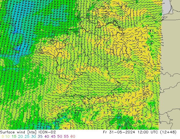 Surface wind ICON-D2 Pá 31.05.2024 12 UTC