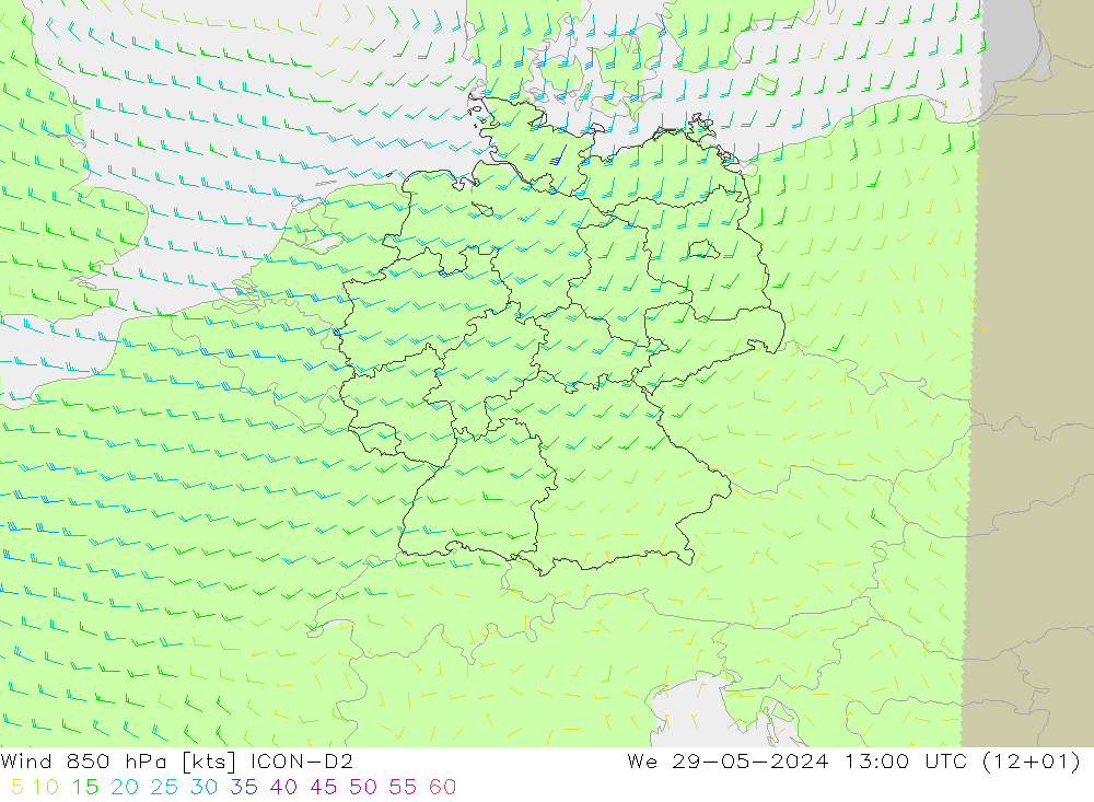 风 850 hPa ICON-D2 星期三 29.05.2024 13 UTC