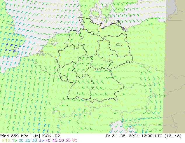 Vento 850 hPa ICON-D2 Sex 31.05.2024 12 UTC