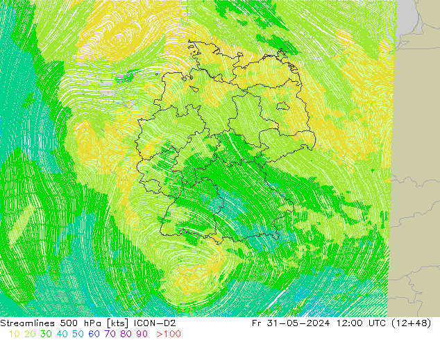 Ligne de courant 500 hPa ICON-D2 ven 31.05.2024 12 UTC