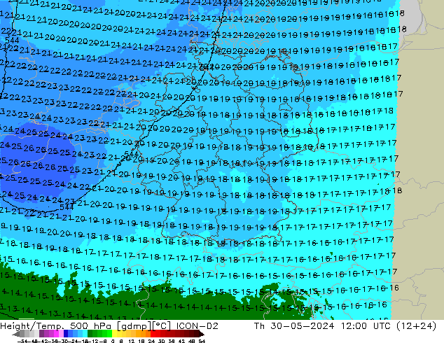 Height/Temp. 500 hPa ICON-D2 czw. 30.05.2024 12 UTC