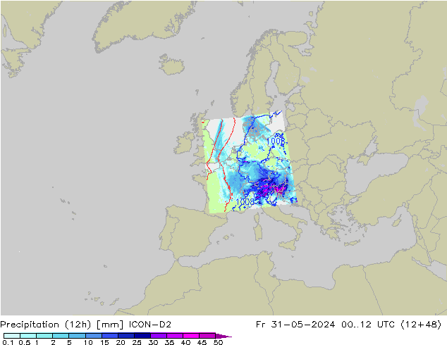 Precipitation (12h) ICON-D2 Fr 31.05.2024 12 UTC