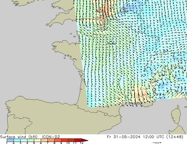 Wind 10 m (bft) ICON-D2 vr 31.05.2024 12 UTC