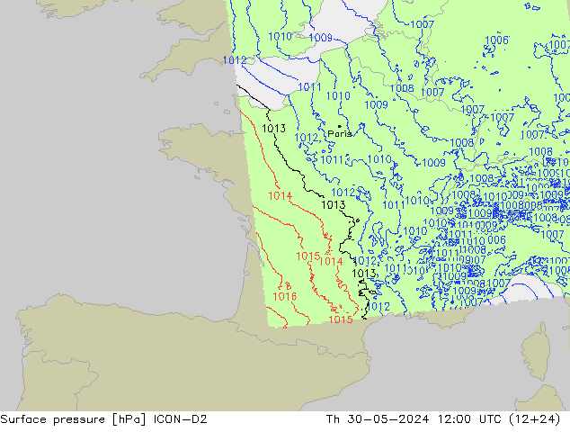 Surface pressure ICON-D2 Th 30.05.2024 12 UTC