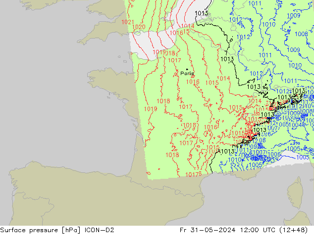 pressão do solo ICON-D2 Sex 31.05.2024 12 UTC