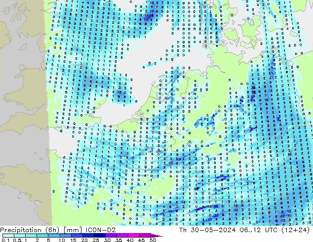 Precipitation (6h) ICON-D2 Th 30.05.2024 12 UTC