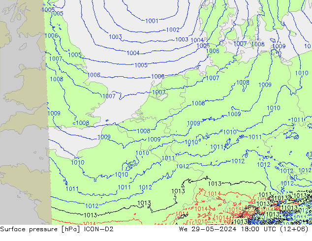 Luchtdruk (Grond) ICON-D2 wo 29.05.2024 18 UTC