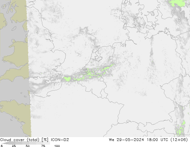 Cloud cover (total) ICON-D2 We 29.05.2024 18 UTC