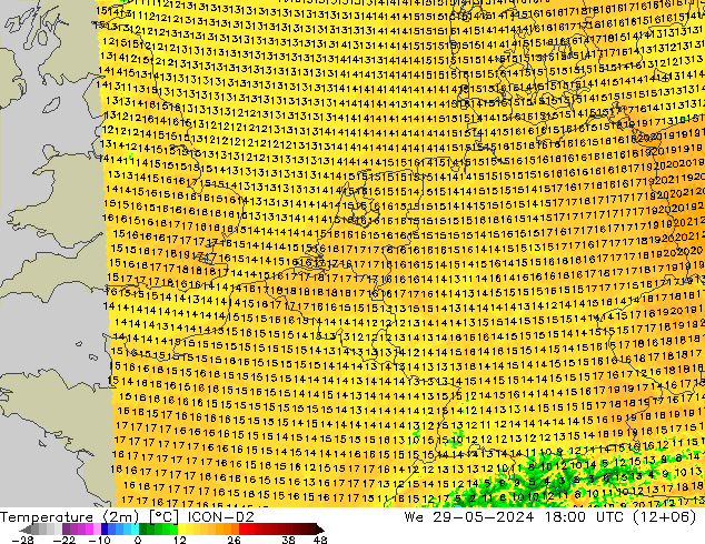 карта температуры ICON-D2 ср 29.05.2024 18 UTC