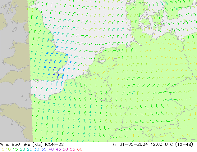 Wind 850 hPa ICON-D2 Pá 31.05.2024 12 UTC