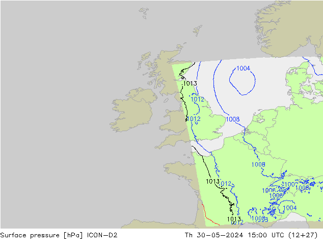 Presión superficial ICON-D2 jue 30.05.2024 15 UTC