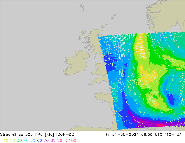 Ligne de courant 300 hPa ICON-D2 ven 31.05.2024 06 UTC