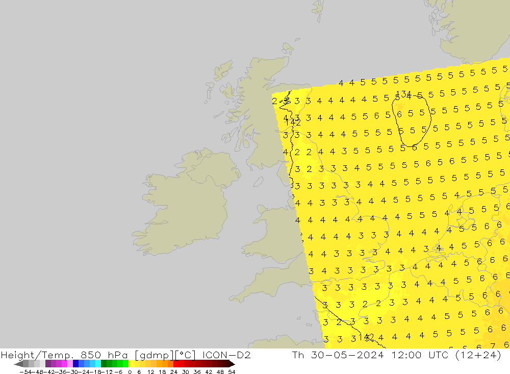 Hoogte/Temp. 850 hPa ICON-D2 do 30.05.2024 12 UTC