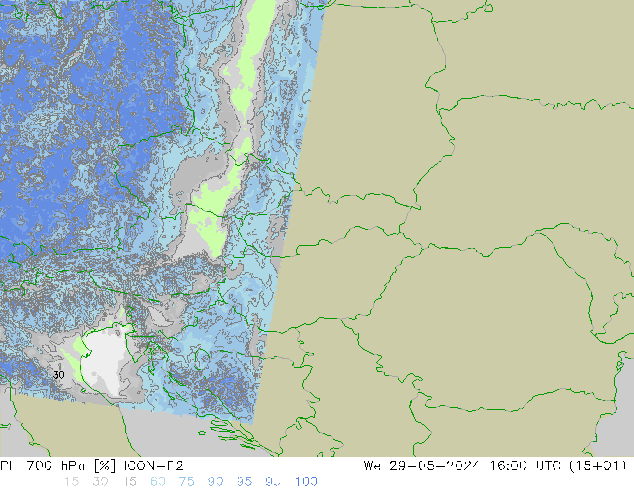 Humedad rel. 700hPa ICON-D2 mié 29.05.2024 16 UTC