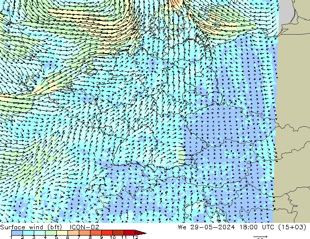 Vento 10 m (bft) ICON-D2 Qua 29.05.2024 18 UTC