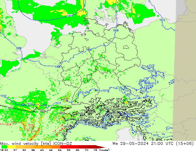 Max. wind velocity ICON-D2 mié 29.05.2024 21 UTC