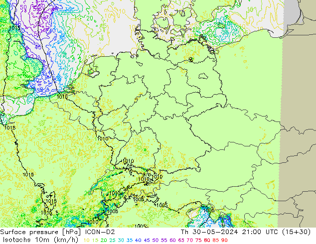 Isotachs (kph) ICON-D2 Čt 30.05.2024 21 UTC