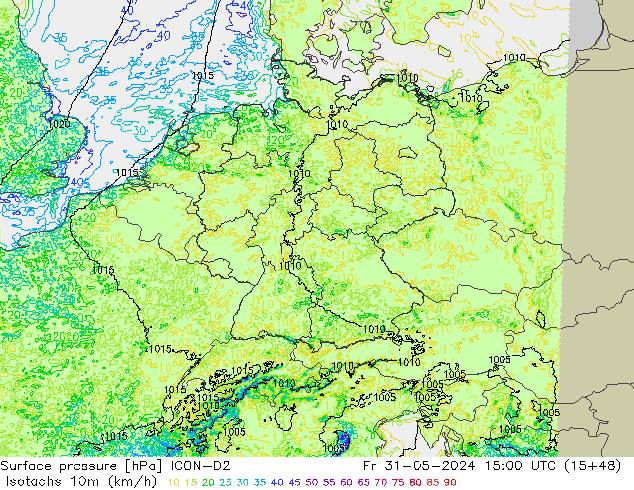 Isotachs (kph) ICON-D2 Pá 31.05.2024 15 UTC