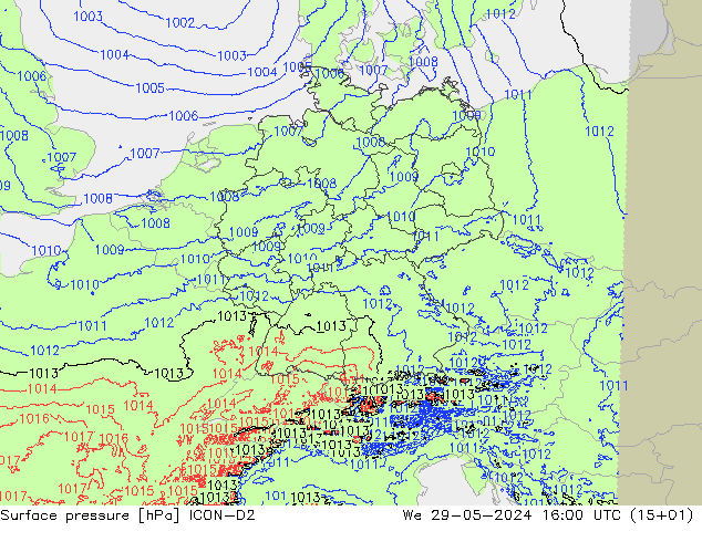 Luchtdruk (Grond) ICON-D2 wo 29.05.2024 16 UTC