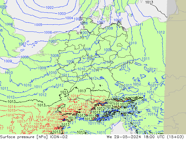 Presión superficial ICON-D2 mié 29.05.2024 18 UTC