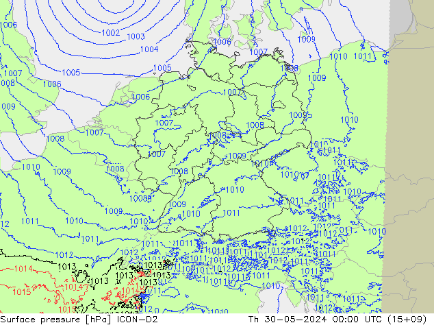 Surface pressure ICON-D2 Th 30.05.2024 00 UTC