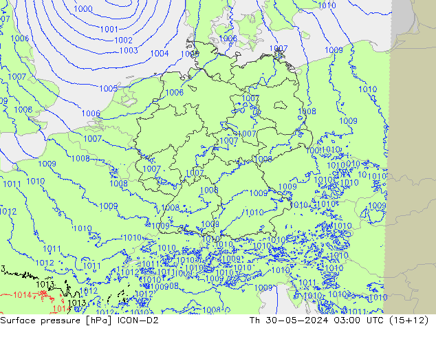 Surface pressure ICON-D2 Th 30.05.2024 03 UTC