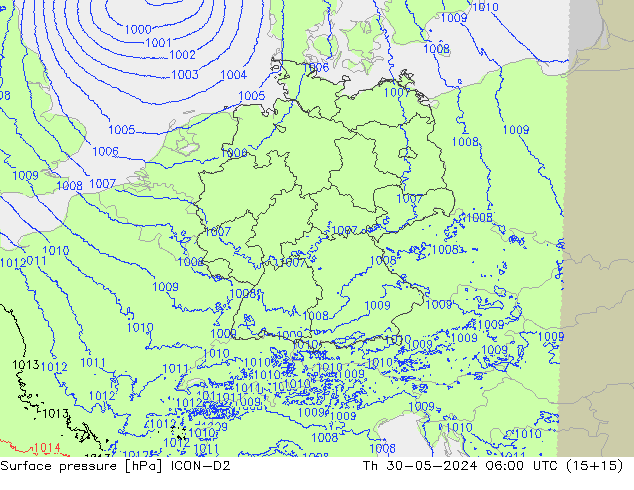 pressão do solo ICON-D2 Qui 30.05.2024 06 UTC