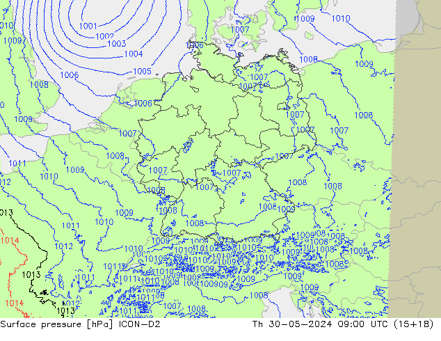 Atmosférický tlak ICON-D2 Čt 30.05.2024 09 UTC