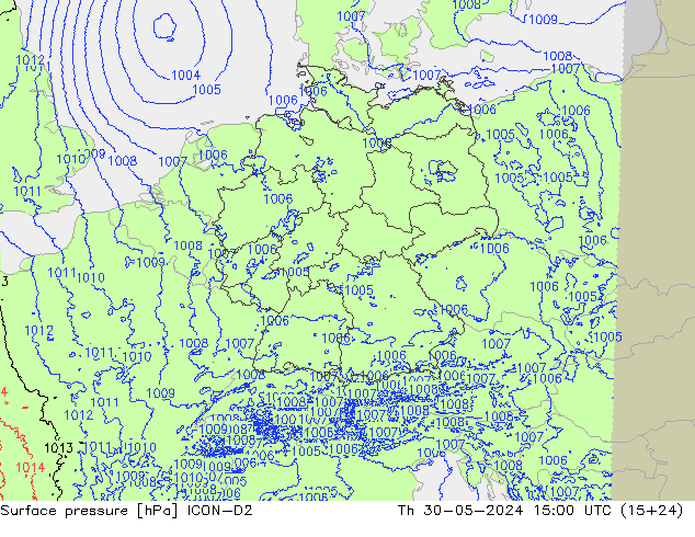 pressão do solo ICON-D2 Qui 30.05.2024 15 UTC