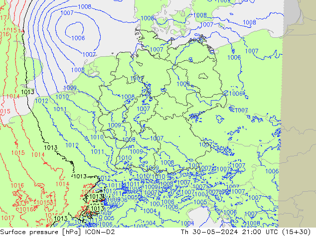 Luchtdruk (Grond) ICON-D2 do 30.05.2024 21 UTC