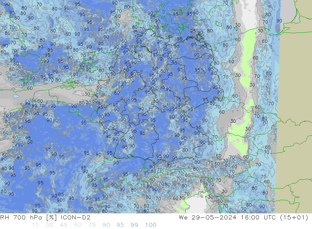 RH 700 hPa ICON-D2 星期三 29.05.2024 16 UTC