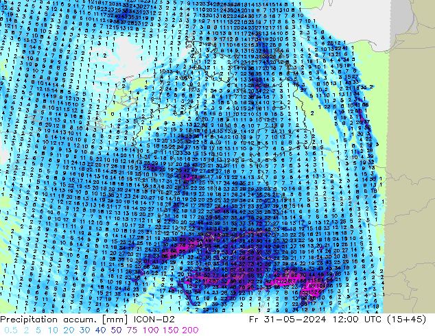 Precipitation accum. ICON-D2 Fr 31.05.2024 12 UTC