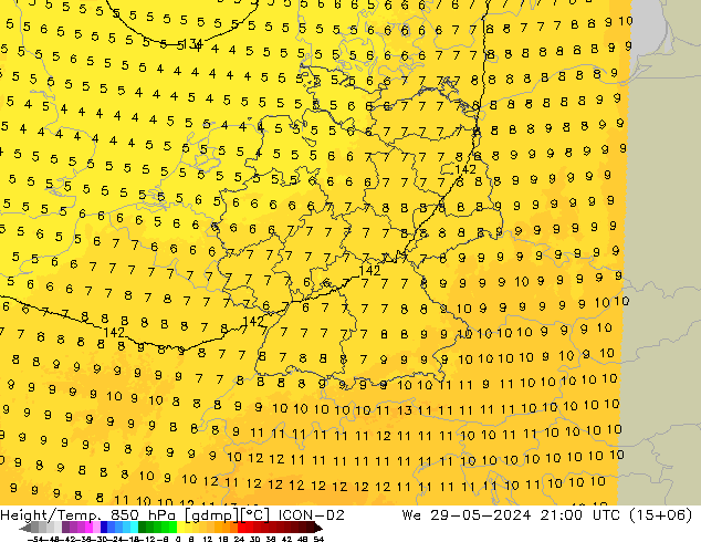 Height/Temp. 850 hPa ICON-D2 We 29.05.2024 21 UTC