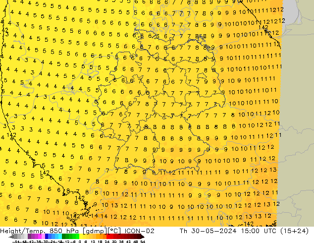 Height/Temp. 850 hPa ICON-D2 Qui 30.05.2024 15 UTC