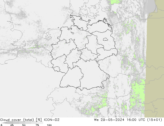 Cloud cover (total) ICON-D2 We 29.05.2024 16 UTC