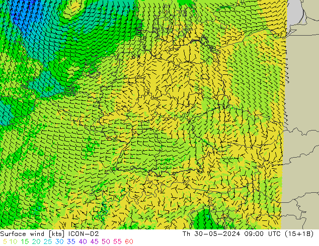 Vent 10 m ICON-D2 jeu 30.05.2024 09 UTC