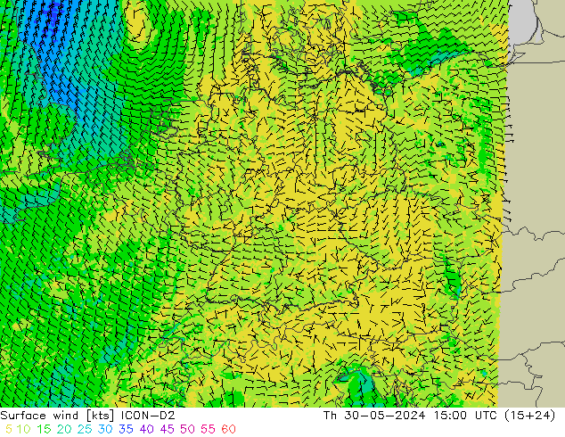 Vent 10 m ICON-D2 jeu 30.05.2024 15 UTC