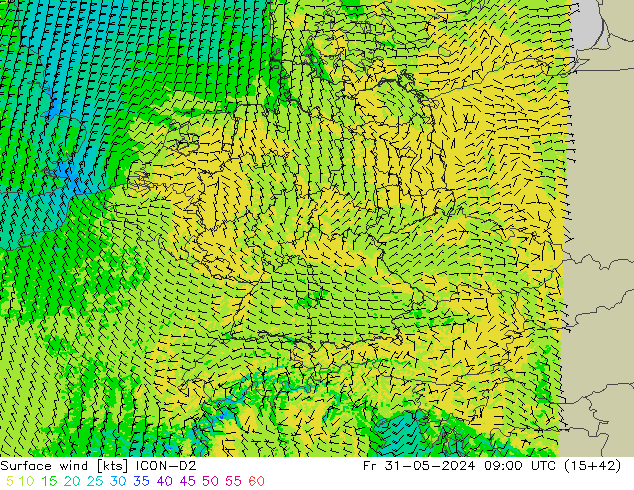 Surface wind ICON-D2 Fr 31.05.2024 09 UTC