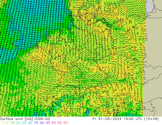 wiatr 10 m ICON-D2 pt. 31.05.2024 15 UTC