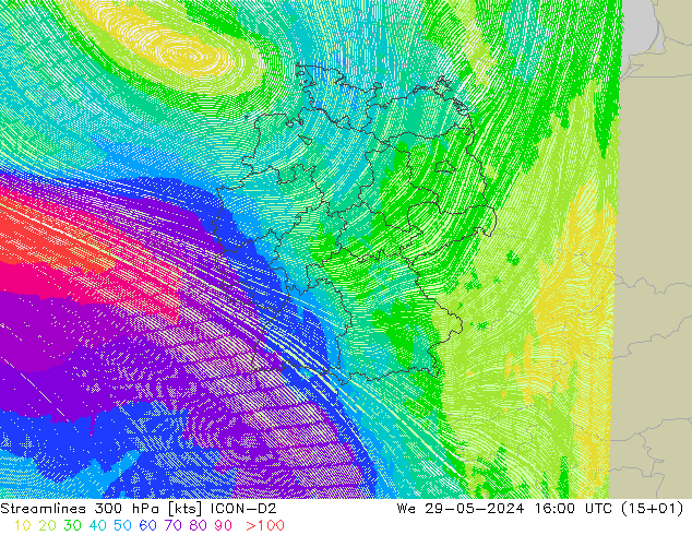 ветер 300 гПа ICON-D2 ср 29.05.2024 16 UTC