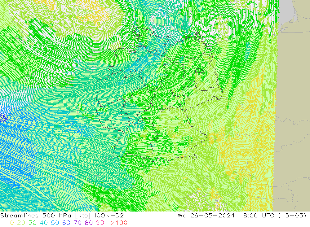 Stromlinien 500 hPa ICON-D2 Mi 29.05.2024 18 UTC